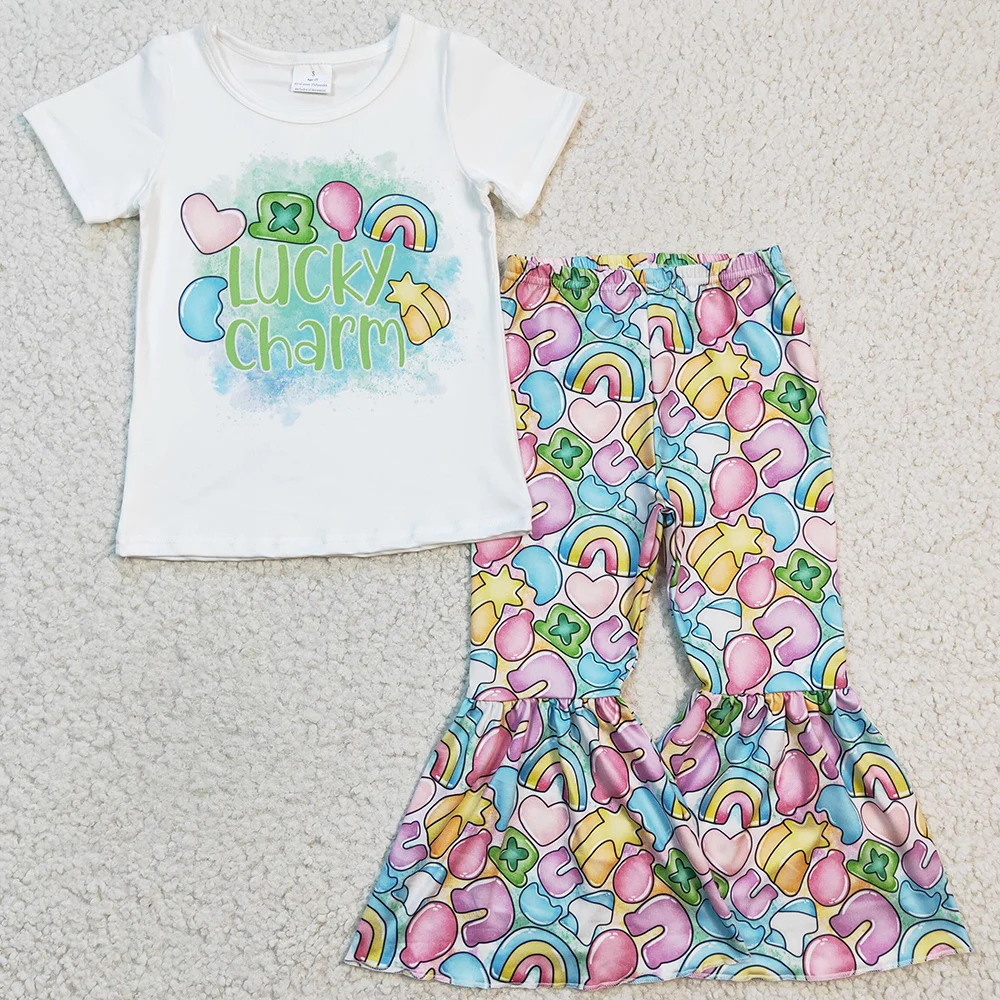 Hot Sale Girls Boutique Clothing St. Patrick's Day Outfits Lucky Fashion Kids Designer Clothes Girls Short Sleeve Bell Pants Set