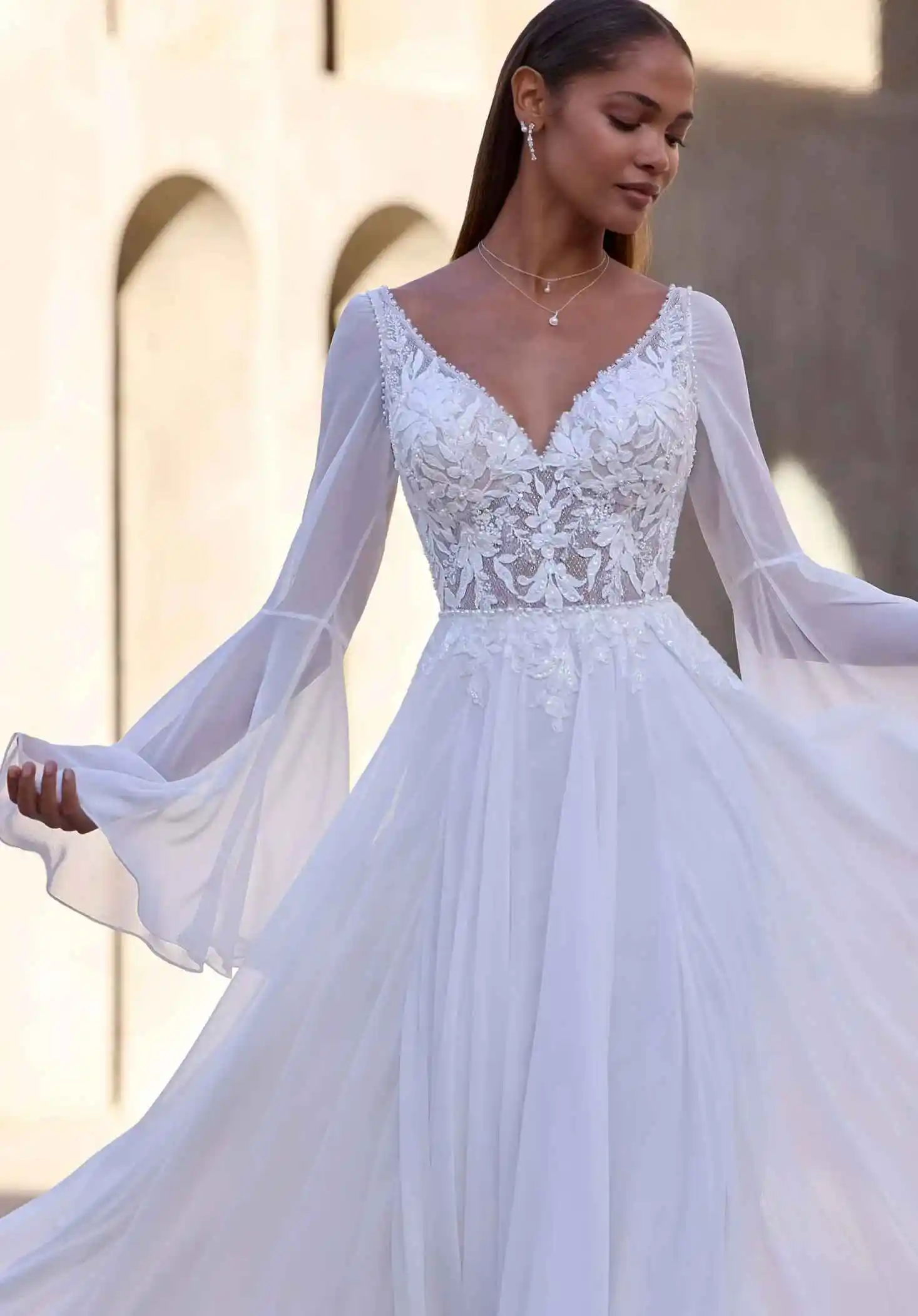 Elegant Cut-Out Lace Chiffon Bridal Gown V-Neck Open Back Bell Long Sleeve A-Line Wedding Dress свадебное платье Customized