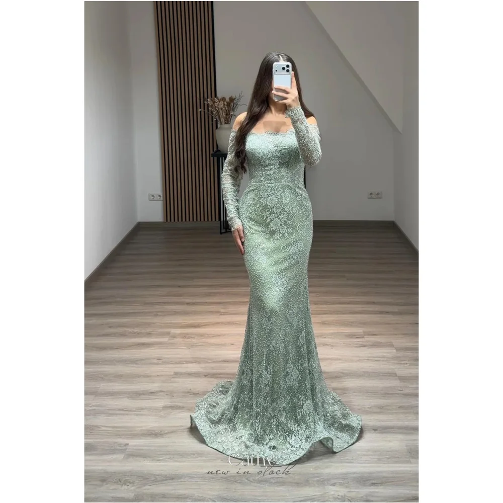 

Cathy индивидуальное мятно-зеленое кружевное платье с открытыми плечами и длинными рукавами для выпускного вечера Русалка Vestidos de Noiva Вечерние платья длиной до пола