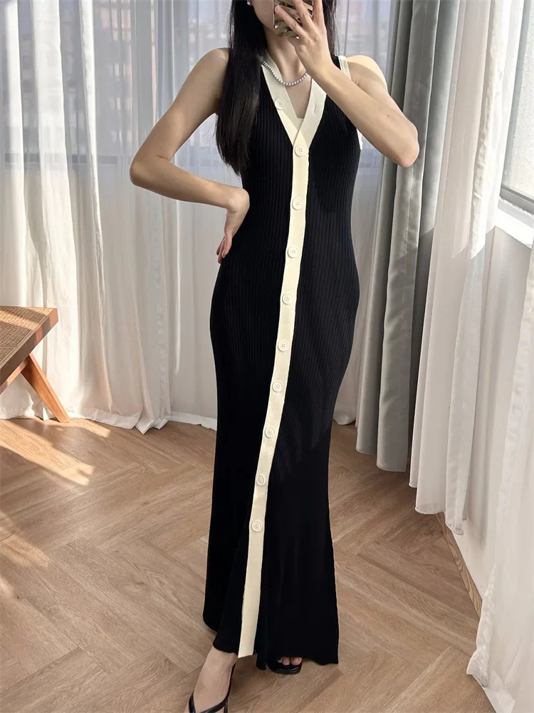 Women Rib Knitted Midi Dress Color Contrast V-Neck Single Breasted Sleeveless Elegant Summer 2024 Robe