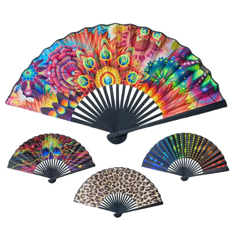 23cm Classics Folding Fan Hand Fans Rainbow Print Black Bamboo Bone Fan Cooling Handheld Fan Festival Performance Dance Fan Gift