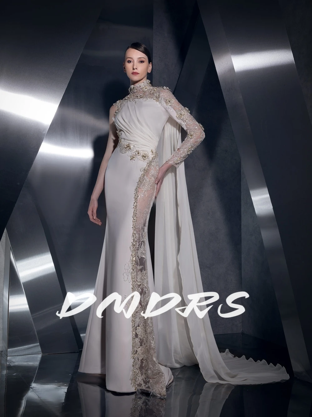

Romantic Flowers One Sleeve Evening Dress Intricately High Neckline With Flowy Cape Prom Gown Customized Charming Galas Wear