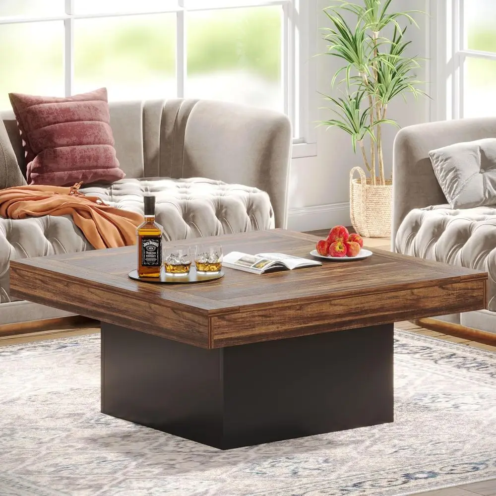 

Table Square LED Coffee Table Engineered Wood Low Center Cocktail Tables or Living Room (Rustic Brown+Black)