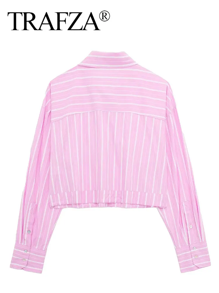 TRAFZA Women Elegant Striped Blouse Sweet Breasted Long Sleeve Shirt With Front Pocket 2024 Woman Cropped Pink Blue Blouses Top