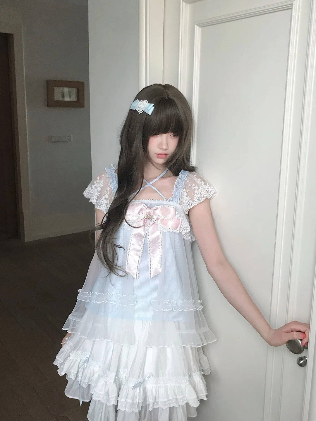 

Sweet Knot Lace Trim Blue Strap Necklace Top Loose Fit Polyester Blend Spring Summer Casual Sweet Girl's Vest