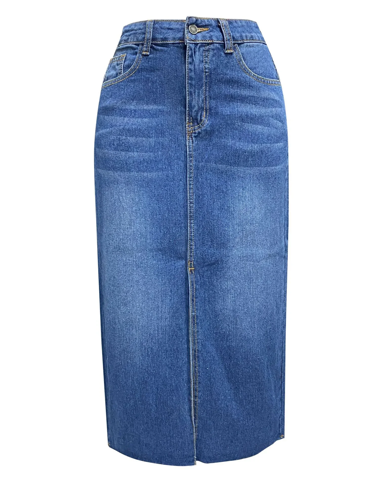 Women Streetwear Denim Skirt Split Hem High Waist Button Pockets Distressed Washed Long Skirts Casual Female Vintage A Line