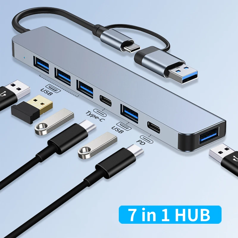 USB C HUB 3.0 Type C 7 Port Multi USB Splitter Adapter OTG For Laptops Macbook Pro 13 15 Air Pro PC Desktop Computer Accessories