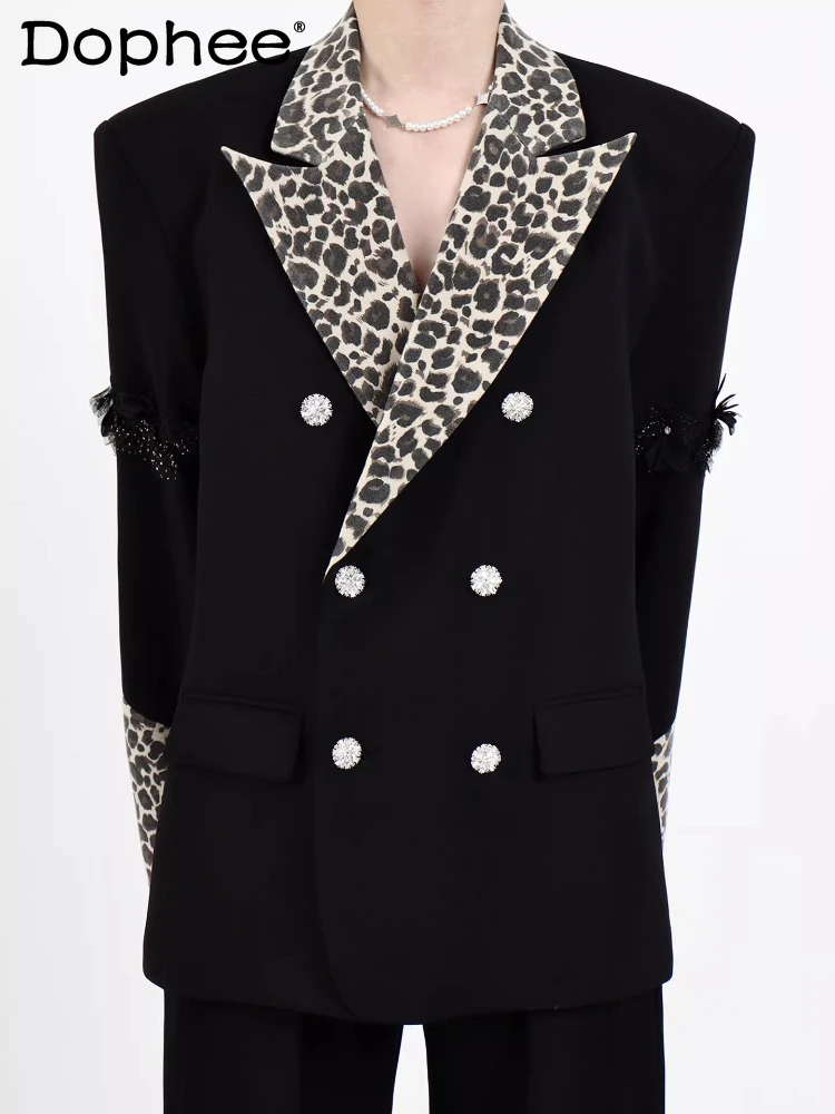 

Fashion Light Luxury Leopard Print Splicing Blazers 2026 Men's Spring New Double-Breasted Suit Jackets Handsome Tailored Coats