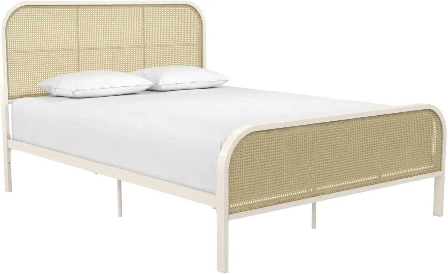 Roxanne Metal Platform Bed Frame With Cane Headboard, Queen, Parchment White