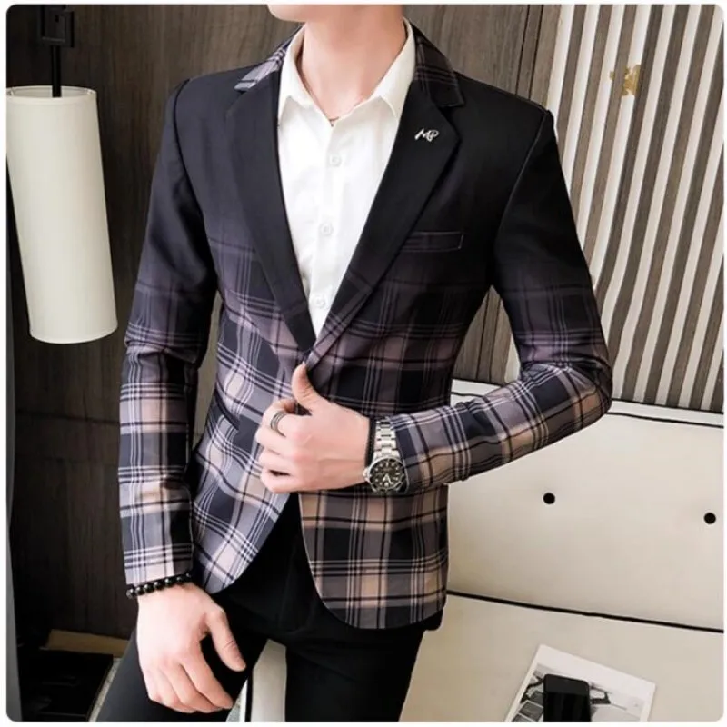 

2023 Spring Men's Plaid Blazer Fashion Business Casual Men's Slim Suit Jacket Large Size Casual Banquet Wedding Party Club Dress