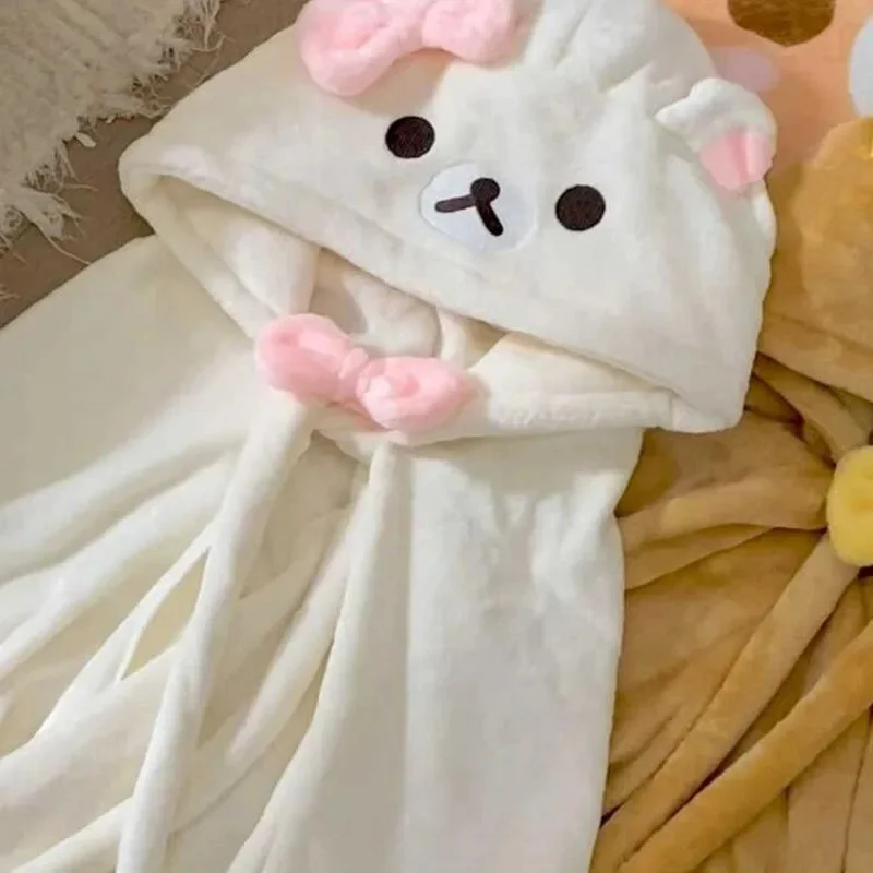 Rilakkuma Plush Cape Cute Animal-Printed Fleece Blanket Stylish Autumn-Winter Warm Bow-Tied Cape Solid Color Bear Hooded Blanket