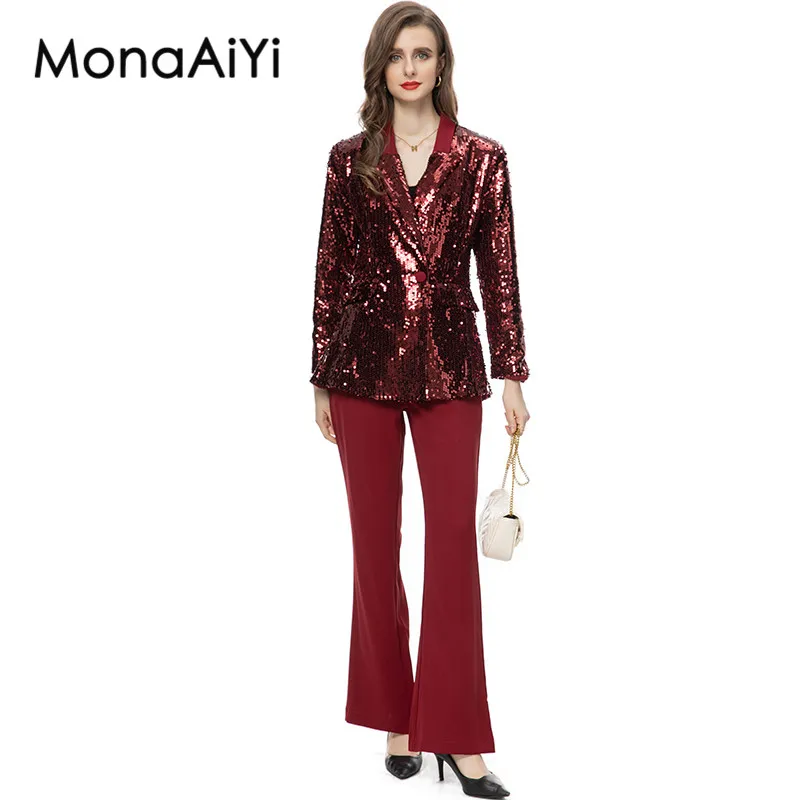 MonaAiYi Runway 2023 Newest High Street Fashion Designer Women's Sequin Deep Red Blazer+High Waist Flared Trousers 2pcs Set