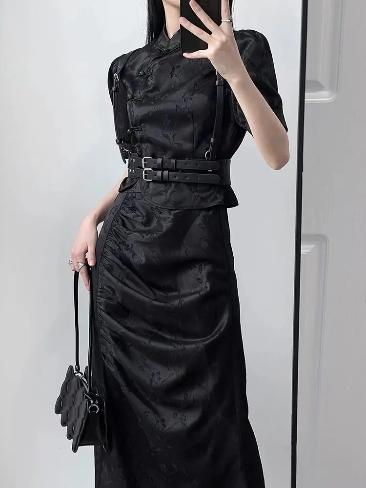 Nieuwe Chinese Stijl Qipao Pak Sexy Zwarte Jacquard Chinese Jurk Verbeterde Cheongsams Vrouwen Zomer Jurk Gothic Donkere Vestidos