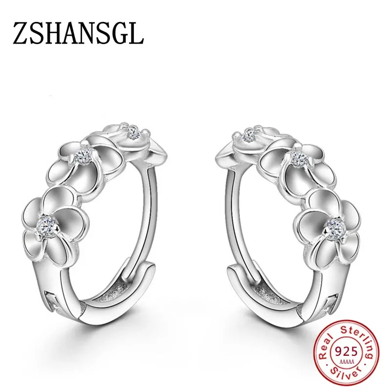 Authentic 925 Sterling Silver Flower Shape Stud Earrings For Women Fashion AAA Zircon Crystal Earrings Plata Jewelry Gift