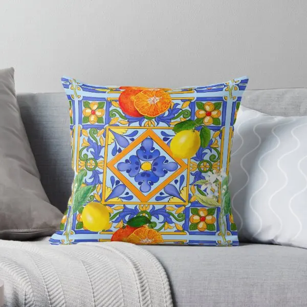 Summer Sicilian Tiles Citrus Oranges M  Printing Throw Pillow Cover Decor Bed Soft Cushion Car Pillows not include One Side