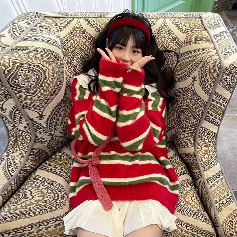 Christmas Ugly Sweater Sweet Lovely Xmas Limited Skin Holiday Streetwear Unisex Red Green Stripe Sweater Winter Snowy New Year