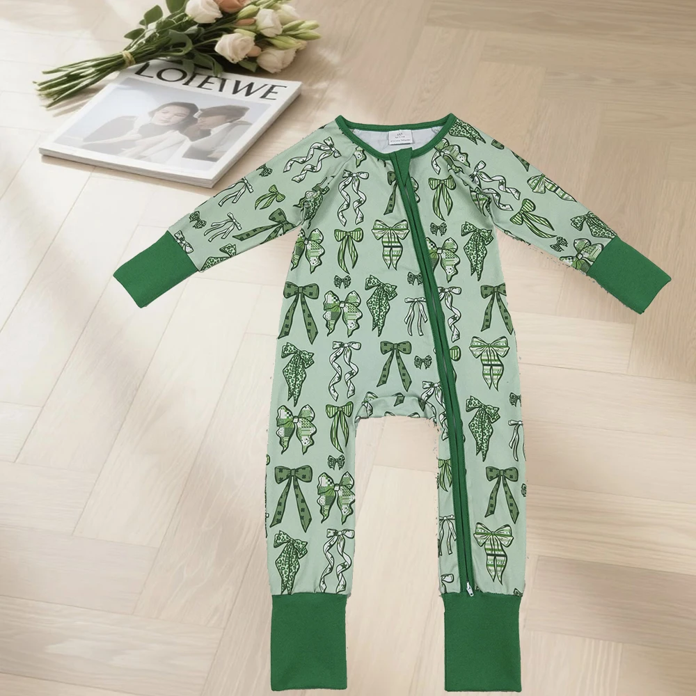 

9.30 Baby Winter Rompers Baby Girls Green Clover Bows St Patrick Zipper Footie Rompers