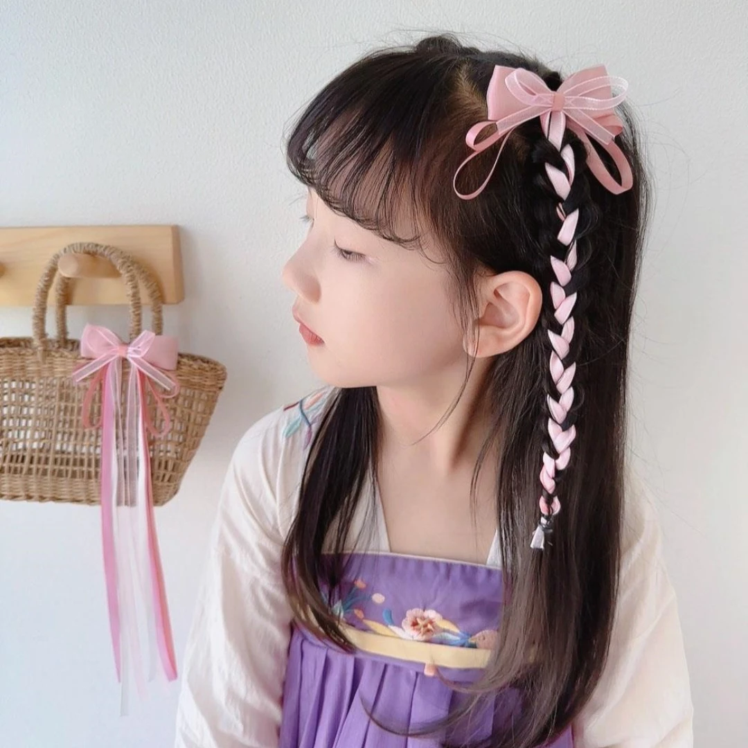 1 Pair Fashion Fairy Long Blush Green Ribbon Bow Hanfu Hairpins For Kids Hair Clip Barrettes Headdress Girls Hair Accessories