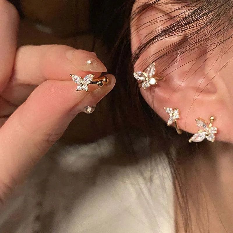 1Pcs Gold Color Zircon Butterfly Ear Clip Female Luxury Shiny Crystal Non-Piercing Fake Cartilage Ear Cuff Jewelry Gifts