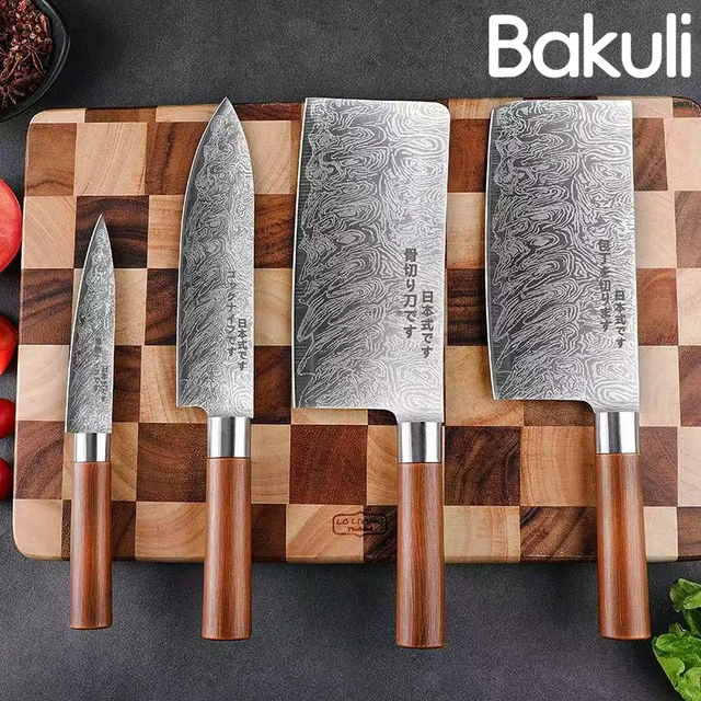 Zestaw noży damasceńskich z teksturą, 1/4 sztuki, nożyk szefa kuchni w stylu japońskim, ostry nóż do cięcia mięsa, nóż Santoku, akcesoria kuchenne do gotowania