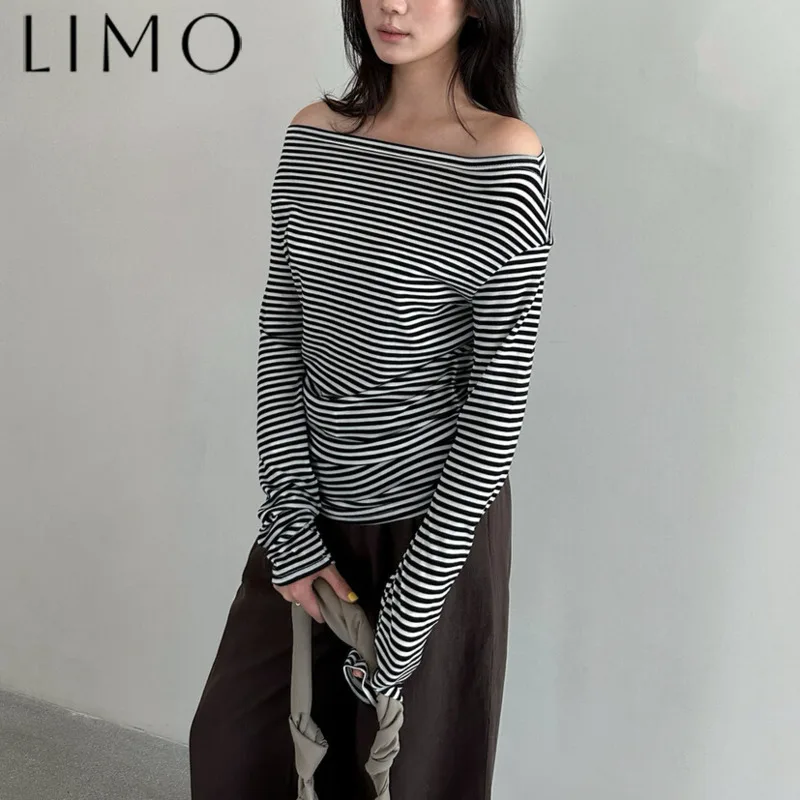 

LIMO женский полосатый вязаный укороченный топ с открытыми плечами-легкая повседневная шикарная рубашка-модная облегающая базовая футболка-мягкая удобная уличная одежда