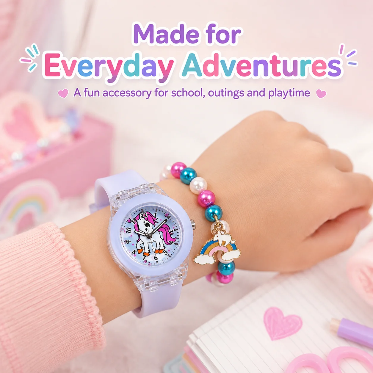 2pcs Kids Unicorn Watch & Charm Bracelet Set, with a colorful rainbow dial