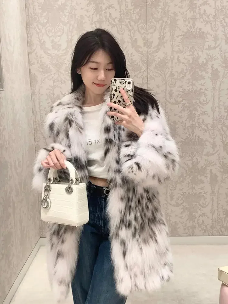 2024 Autumn Winter New Leopard Print Long Sleeve Faux Fur Coats Women's Medium Long Lapel Environmentally Friendly Fox Fur Coat