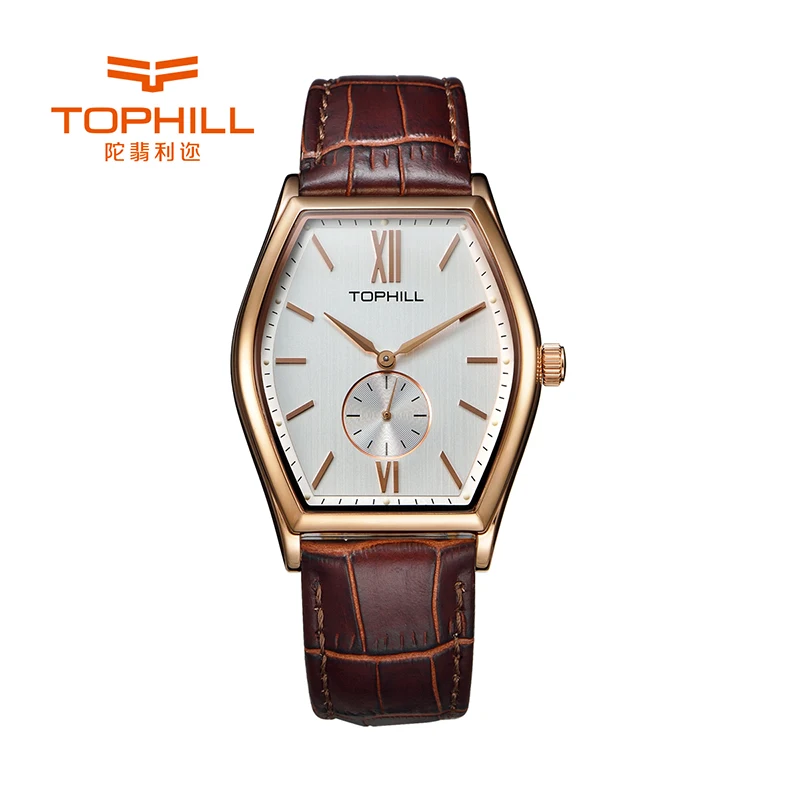 

TOPHILL Мужские модные кварцевые часы из нержавеющей стали, корпус Tonneau Sub-Seconds, кожаный ремешок с сапфировым стеклом, водонепроницаемый 3ATM