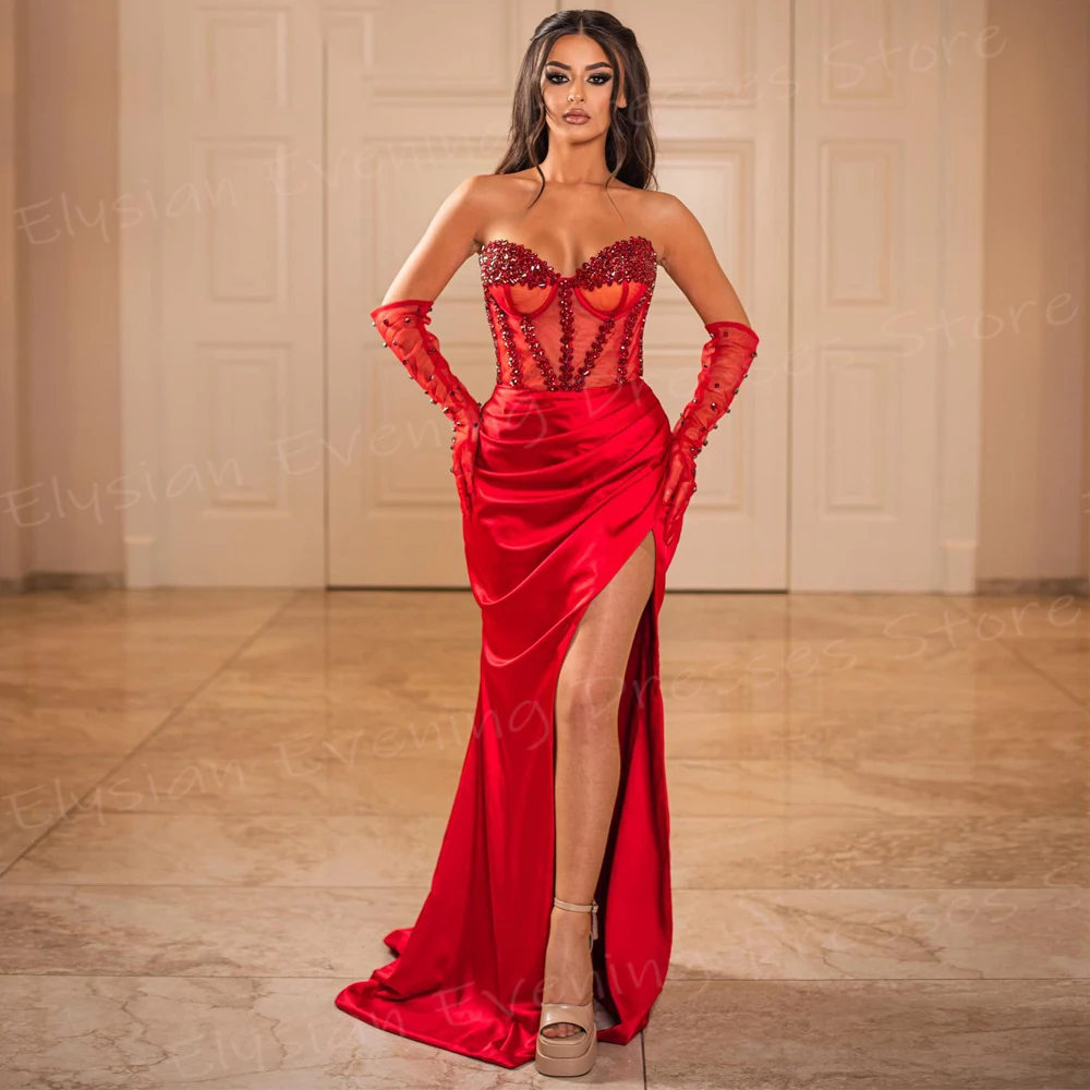 Graceful Red Women\'s Mermaid Beautiful Evening Dresses Charming Side High Split Sleeveless Prom Gowns Beaded Vestido De Noche