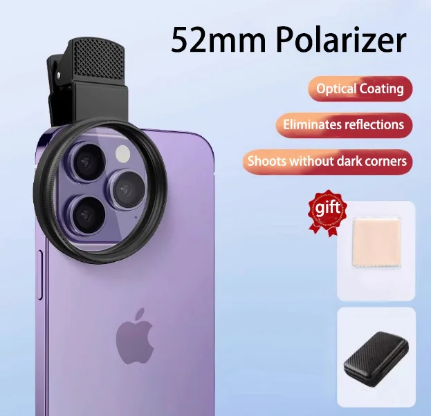 

Universal 52MM CPL Polarizer Lens Filter for iPhone Samsung Smartphone - Remove Reflections, Enhance Colors, Clip On Design