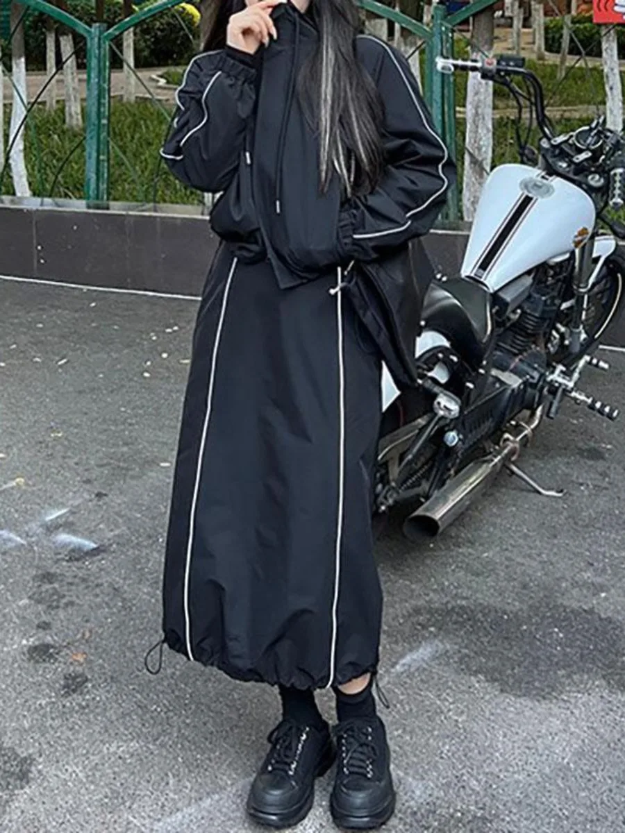 Vintage Black Hooded Jacket and Skirt Tracksuit Women Y2k Long Sleeve Sport Corpcore Coat Top Loose Spring Summer Clothes Set