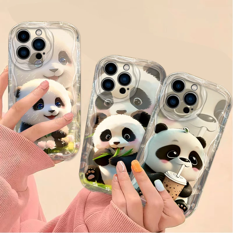 Cute Cartoon Panda Silicone Phone Case For iPhone 16 15 14 13 12 11 Pro Max X XR XS 8 7 Plus SE 2020 Shockproof Clear Back Cover