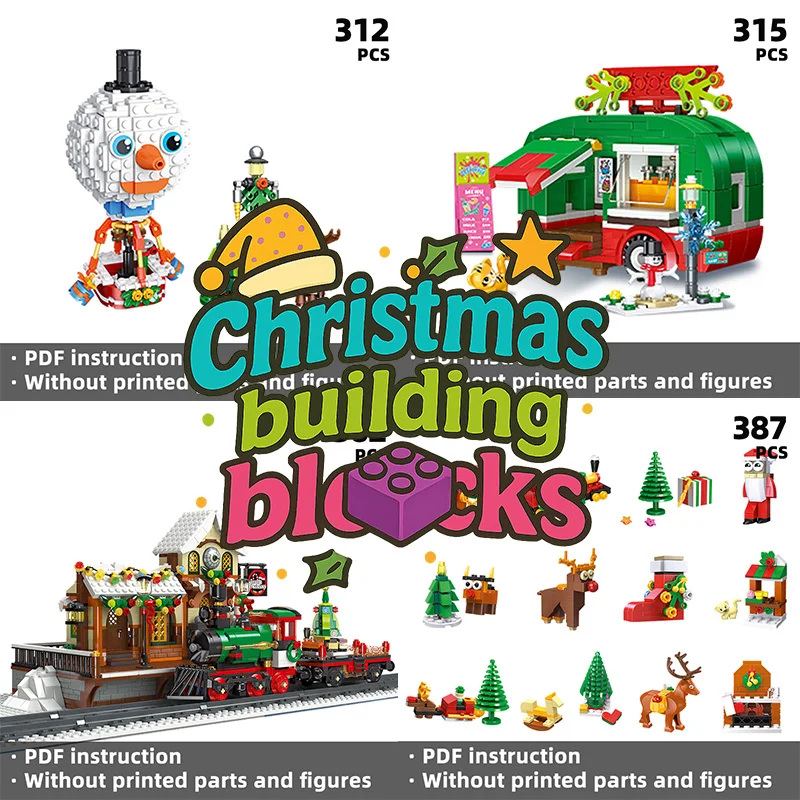 

Набор различных рождественских строительных блоков — несколько наборов Санта-Клауса, поезда, снеговика, дома и т. д., креативные праздничные подарки