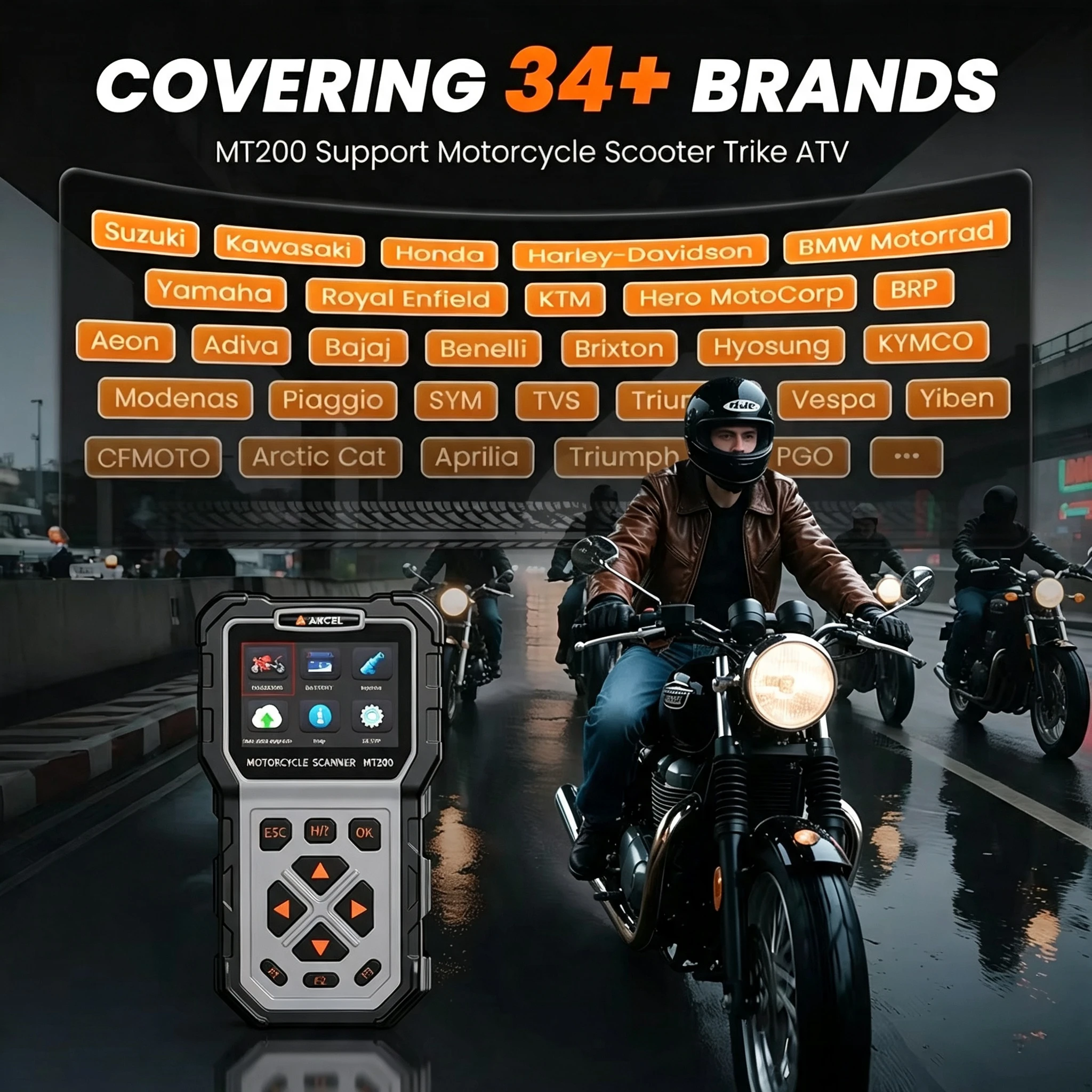 ANCEL MT200 Motorcycle OBD2 Scanner Code Reader Engine ABS Diagnostic Tool Battery Testing For Yamaha/Honda/Suzuki Motor Tool