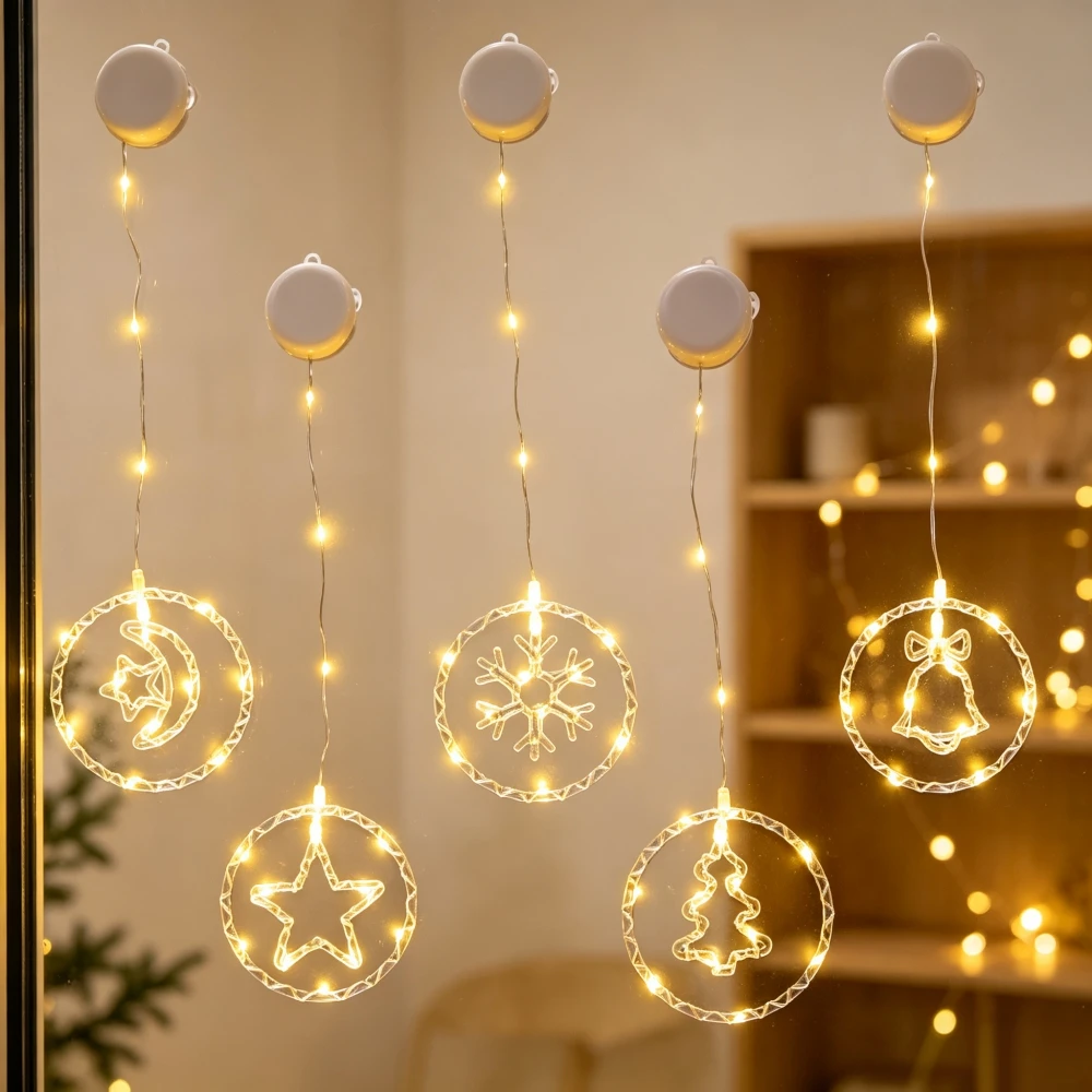 1/2PC Christmas Window Ring shape Decor Fairy Lights,Battery powered Suction Cup Lamp,Used for Balcony Garden Holiday Decoration