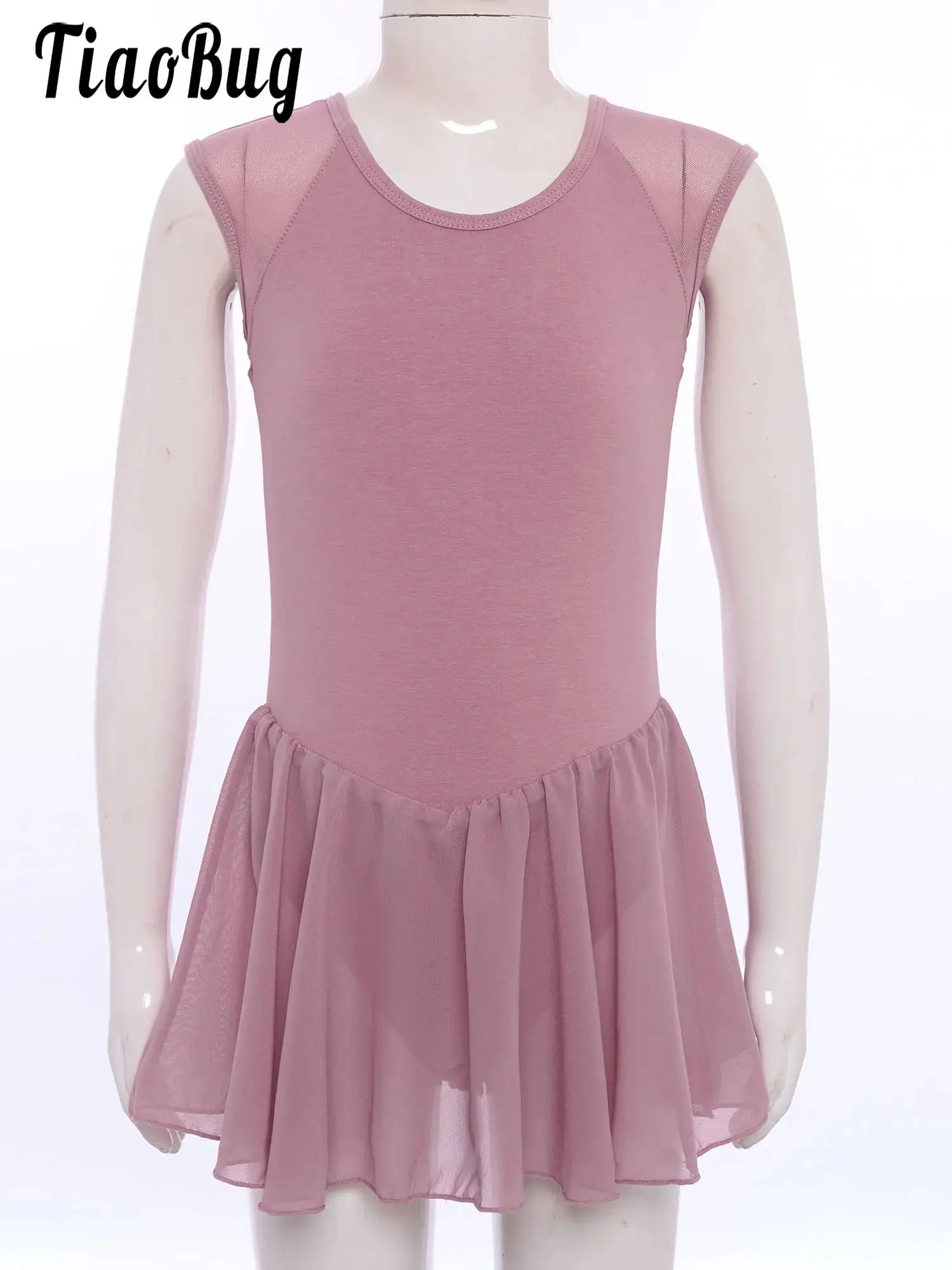 

Kids Girls Dance Ballet Practice Training Dress Solid Color Sleeveless V-Back Sheer Mesh Patchwork Cotton Dress Dancewear