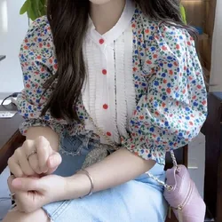 Summer Elegant Fashion Puff Sleeve Printed Shirt Women's Clothing Korean All-match Spliced Button Round Neck Blouse for Female