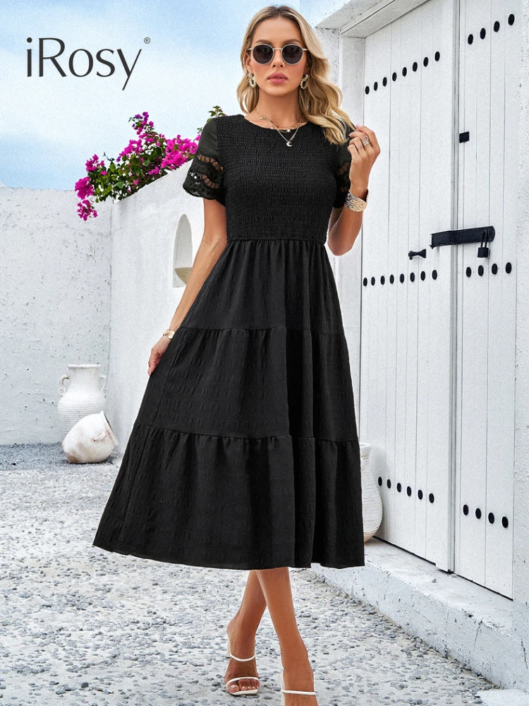 2024 Sommer Kurzarm Rundhals ausschnitt Smoked elastische Taille Midi-Kleid für Frauen lässig täglich Büro Party Event Kleidungs stücke