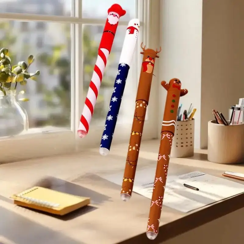 

4Pc Christmas Themed Erasable Gel Pens Set Cute Santa Claus Snowman Elk Gingerbread Man Designs Student Stationery Gift 4 Colors