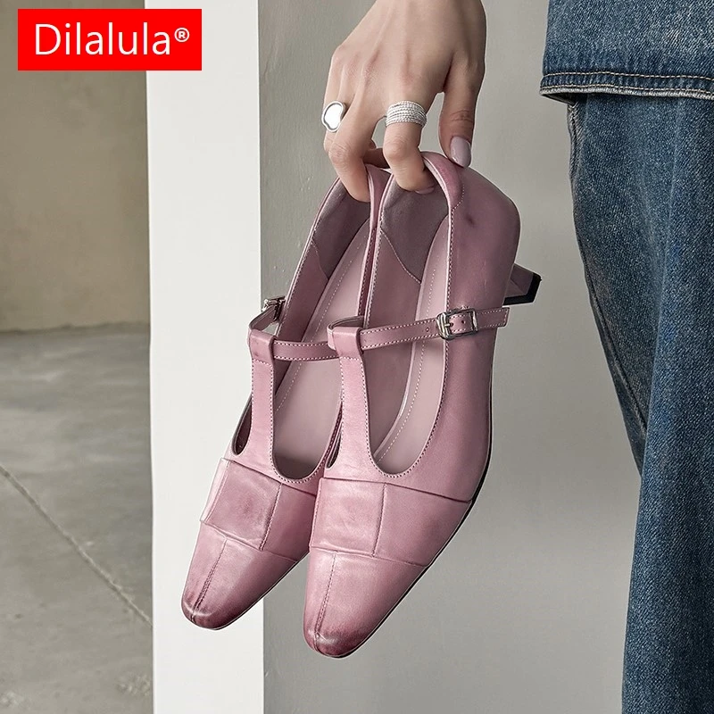

Dilalula 2026 Spring Genuine Cow Leather Women Pumps Med Thin Heels T-Strap Elegant Pumps Office Lady Party Dating Purple Shoes