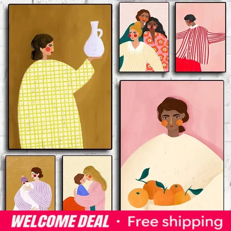 2026  Abstract Minimalism Cartoon Girl Mom Daughter Illustration Posters Canvas Paintings Wall Art Pictures Children's Room H