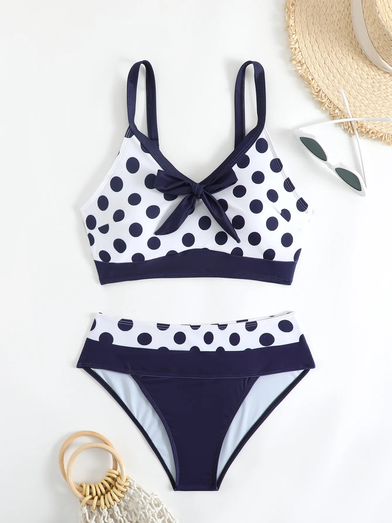 

Сексуальные комплекты бикини в горошек с высокой талией, купальник из двух предметов, женский бразильский бикини с завязками спереди, пляжная одежда, купальный костюм для женщин