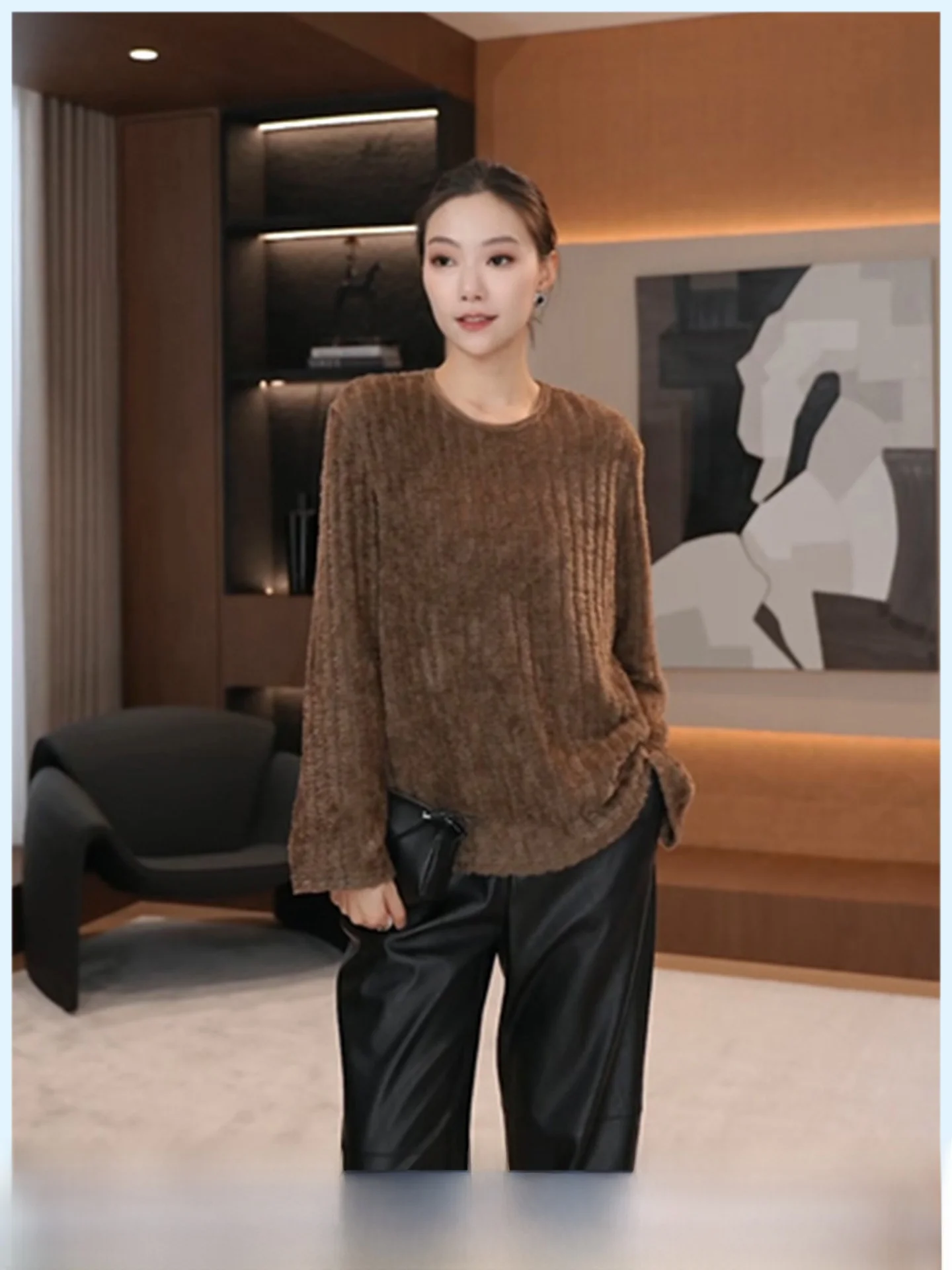 

Ladies' Loose Fit Long Sleeve round Neck Fleece Sweatshirt Comfortable Breathable Casual Knitted Shirt Spring New Style