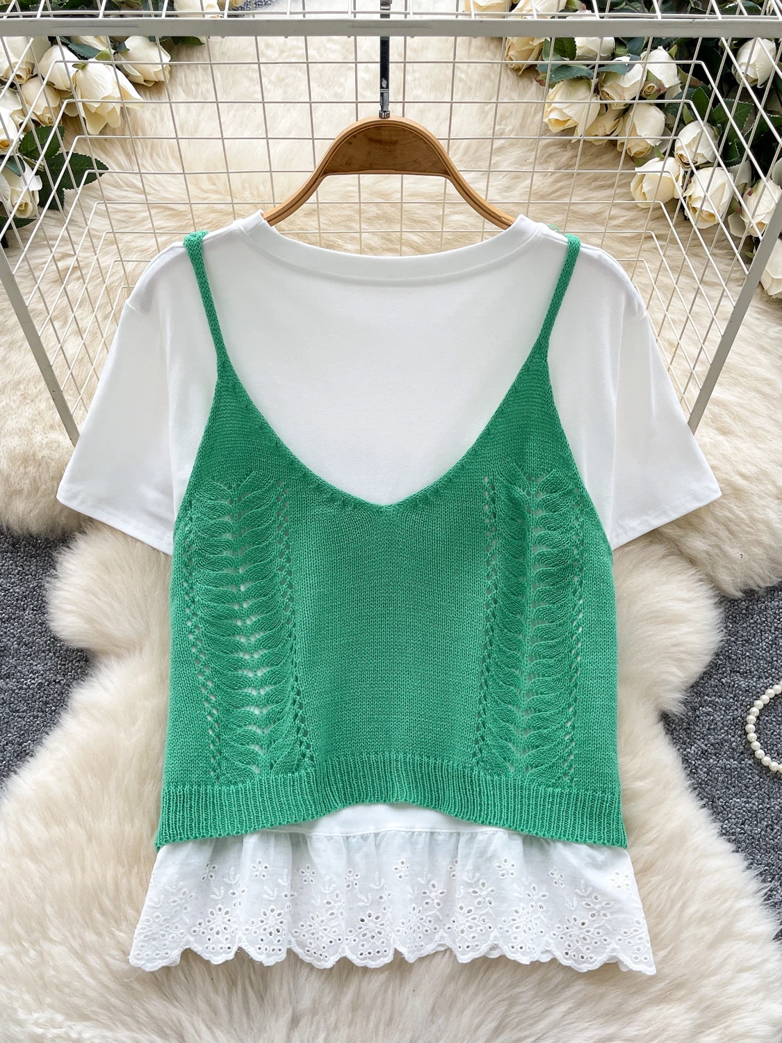 

Korean Sle Women's Summer Outfit Soft Sle Hollow out Knitted Vest Lace Splice round Ne ort Sve T-irt Set