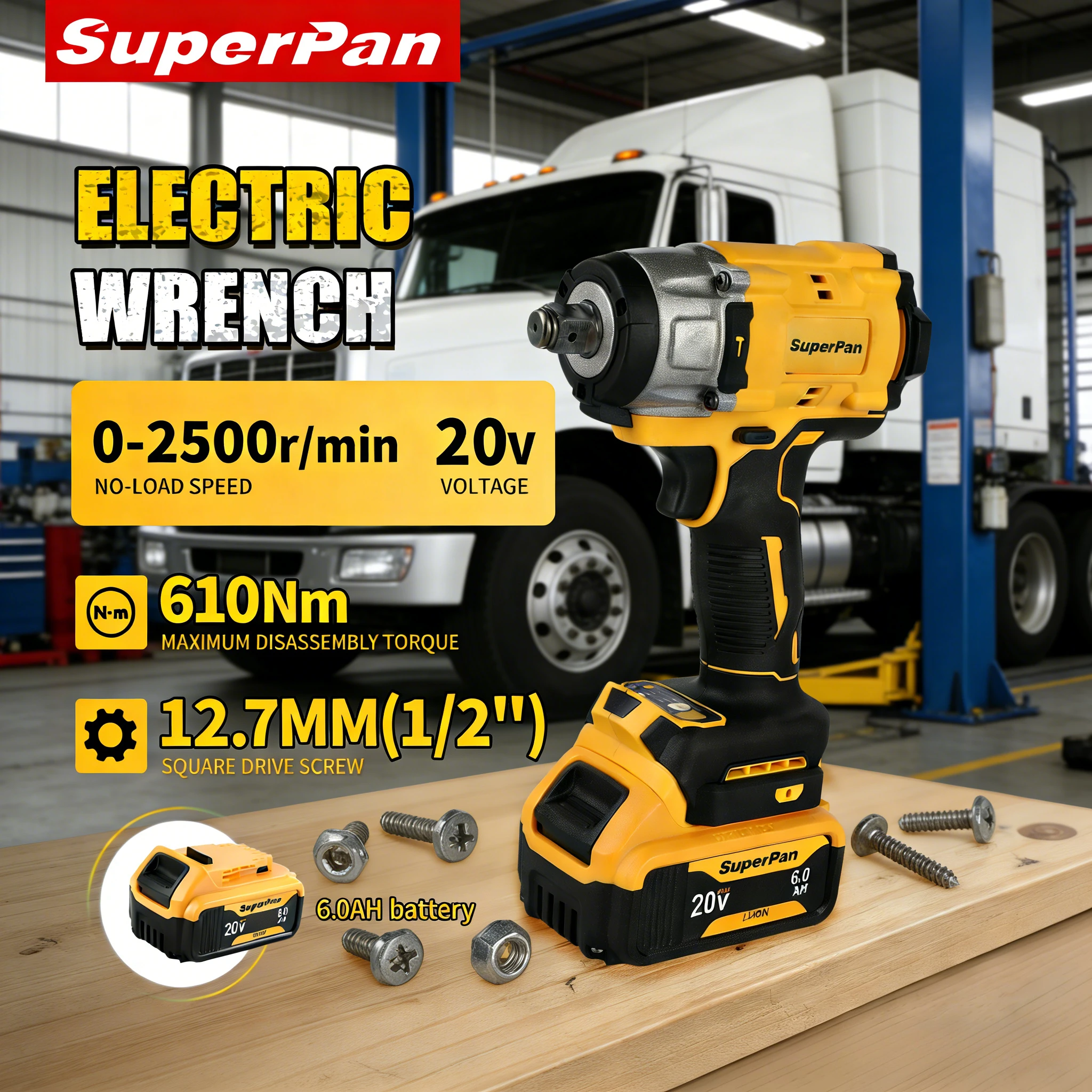 

Ударный гайковерт SuperPan SP922, беспроводной, для гаражных работ, для капитального ремонта, для тяжелых промышленных задач, совместим с аккумулятором DeWalt 20V.