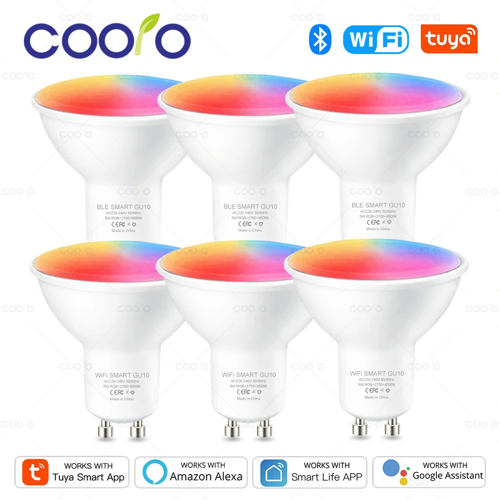 COOLO GU10 Tuya WiFi Smart LED Light Bulb Bluetooth Dimmable Lamps Smart Life App Control Spotlight Bulb Works With Alexa Google