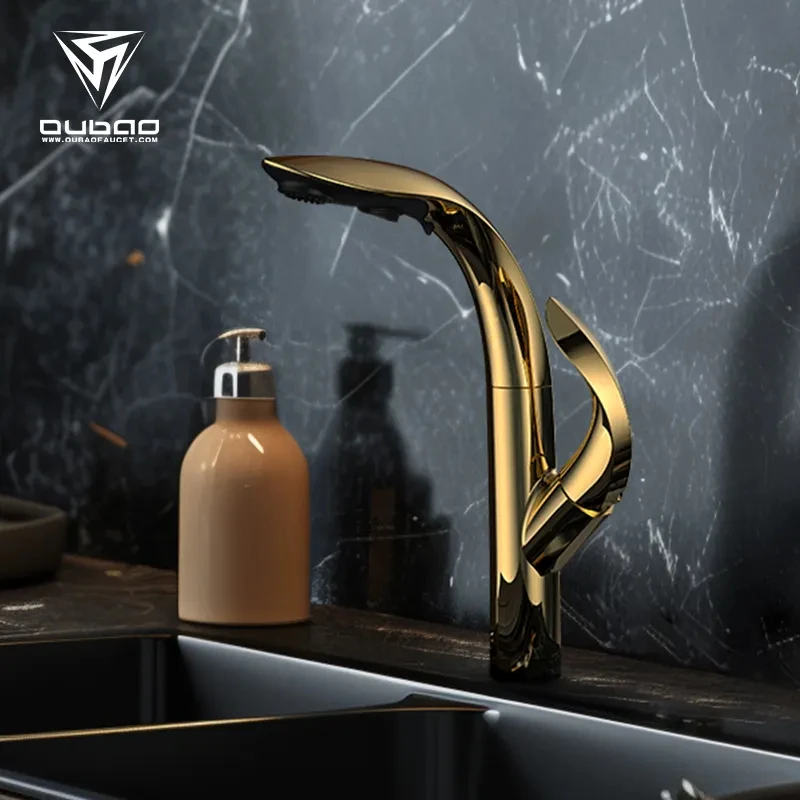 High end luxury style single handle gold pull out spray kitchen faucet