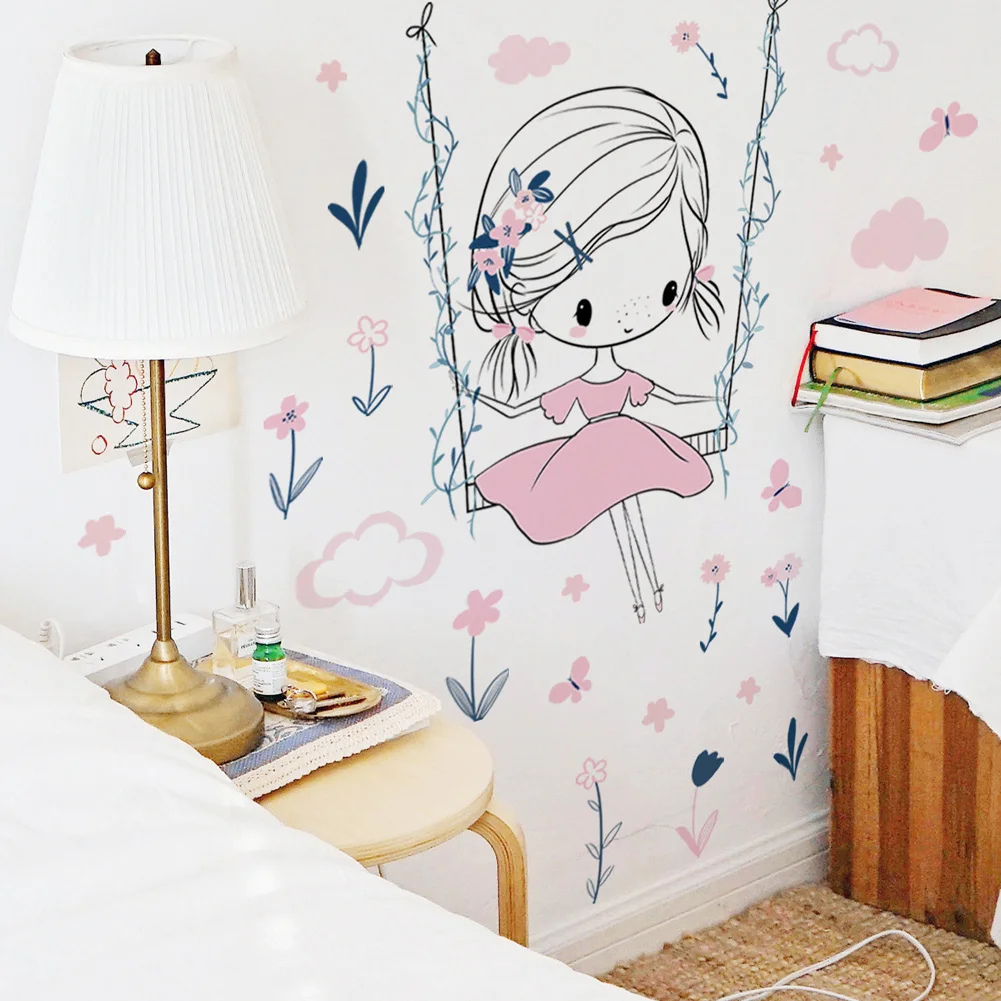 Cartoon Girl Swinging Wall Stickers Kids Girls Room Background Decor Bedroom Home Decoration Wallpaper Self-adhesive Mural