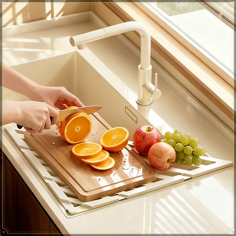 Foldable Sink Drain Rack PVC Sink Caddy Organizer with Chopsticks Box Strong Load Bearing Multifunctional Kitchen Sink Organizer view 4