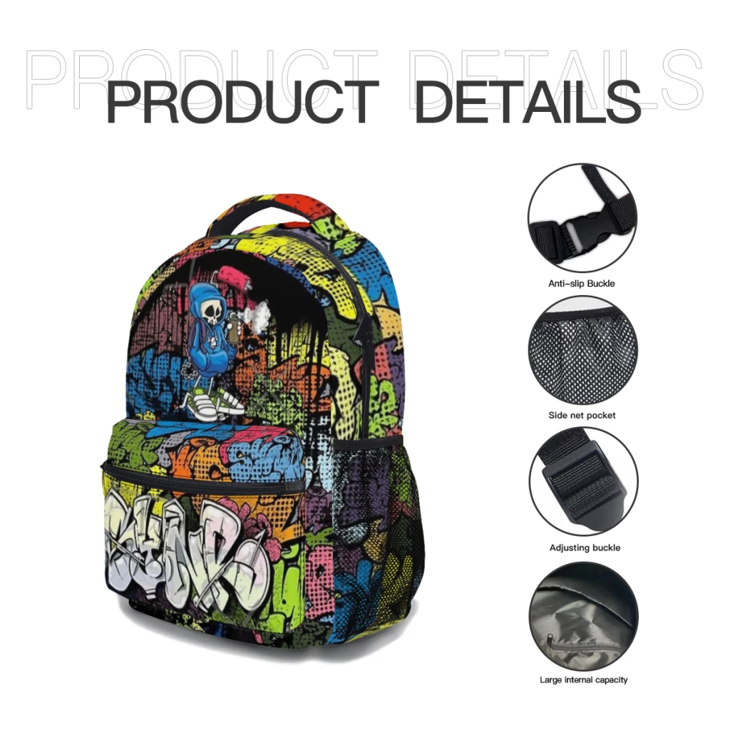 Synr 70s Retro Comic Graffiti Print For kids Large Capacity Student Backpack Cartoon School Backpack  17inch